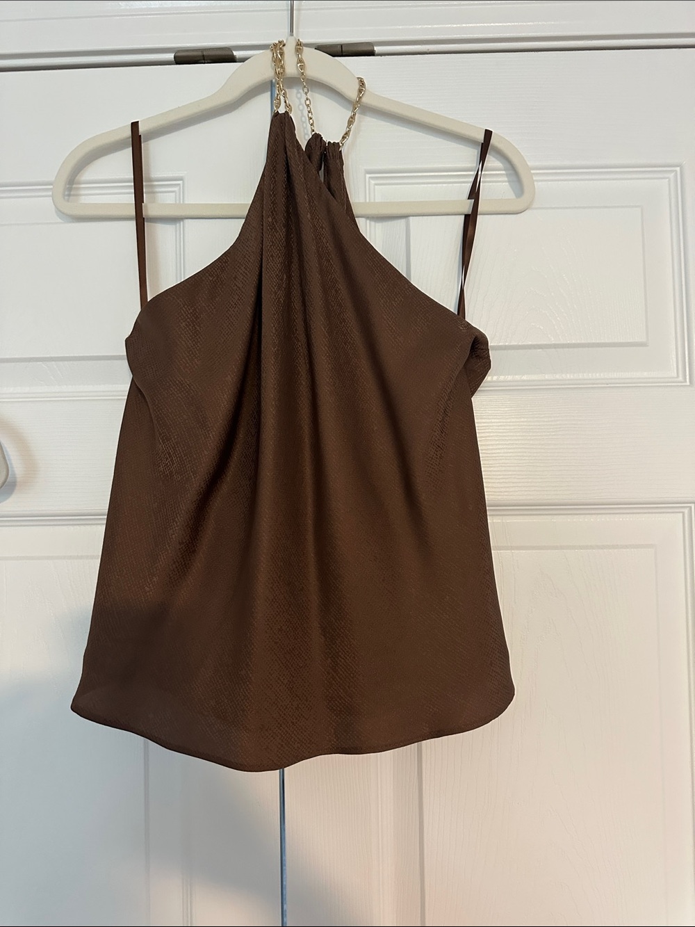 Scanlan Theodore Brown Satin Halter Cami with Chain Accent